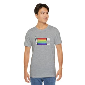 lgbtq rainbow hockey t shirt with black hockey sticks, gay & lesbian pride hockey stick t shirt, women's hockey