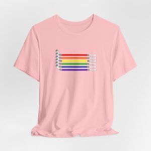lgbtq rainbow hockey t shirt with gray hockey sticks, gay & lesbian pride hockey stick t shirt, women's hockey