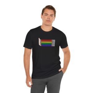 lgbtq rainbow hockey t shirt with tan hockey sticks, gay pride hockey stick t shirt, women's hockey