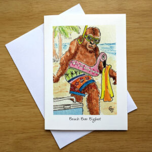 Beach Bum Bigfoot greeting card front mockup