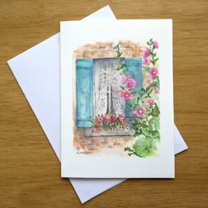 Cottage Window with Hollyhocks greeting card front mockup