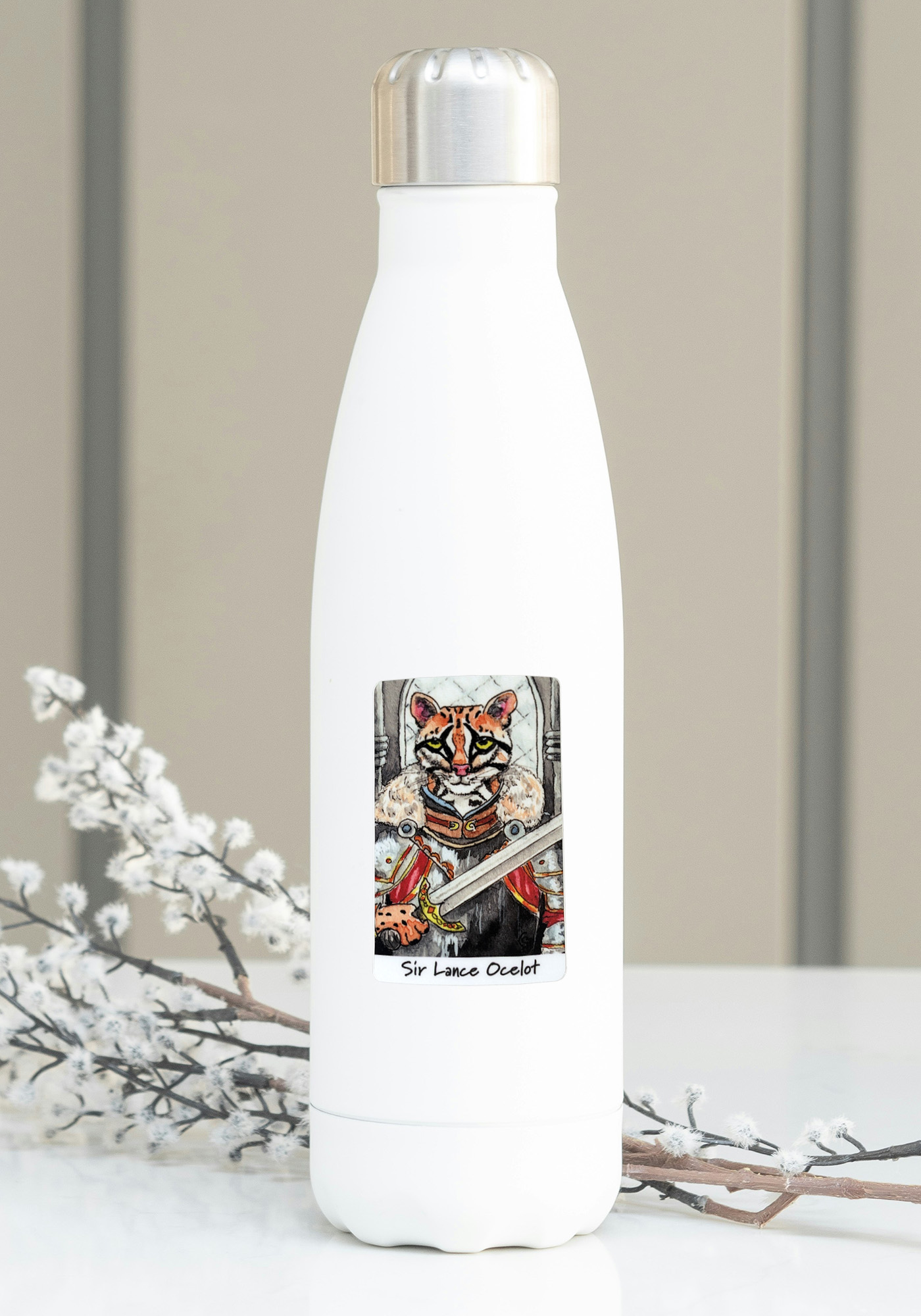 Sir Lance Ocelot 3 inch vinyl sticker on a water bottle mockup Sir Lance Ocelot 3 inch vinyl sticker on a water bottle mockup