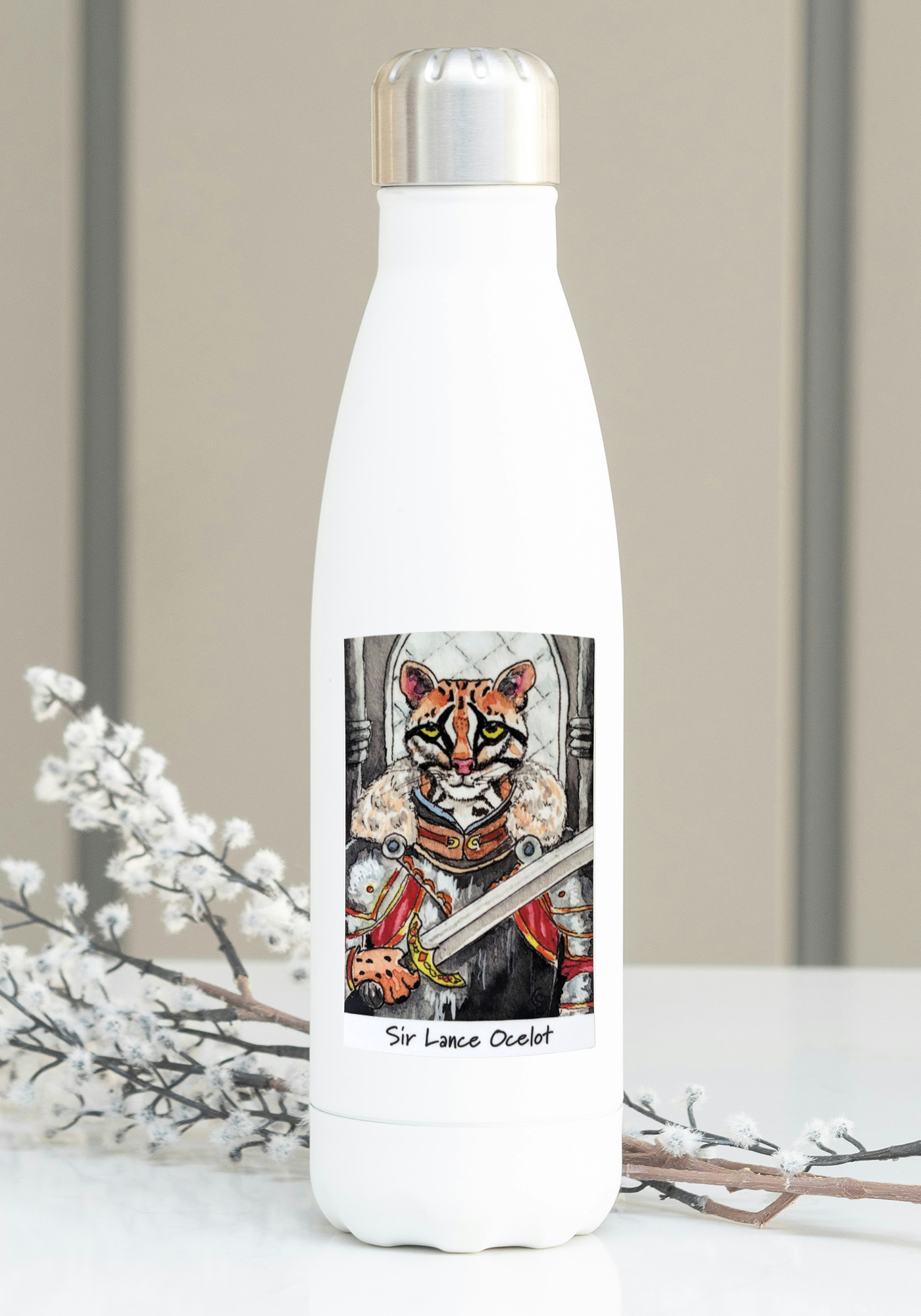 Sir Lance Ocelot 4 inch vinyl sticker on a water bottle mockup Sir Lance Ocelot 4 inch vinyl sticker on a water bottle mockup