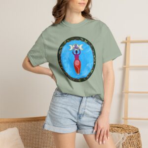 Triple Moon Goddess painting on a light green t-shirt