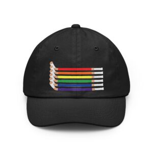 Rainbow Pride tan hockey sticks on a black baseball cap Dad hat