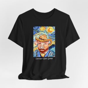 Original painting of a pig as Vincent Ham Gogh in front of the painting Starry Night on a black t-shirt.