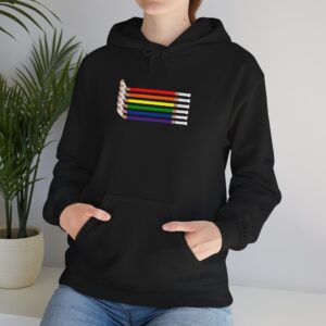 Rainbow Pride tan hockey sticks design on a black hoodie sweatshirt