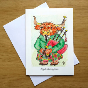 Front of Angus MacSqueeze greeting card. Art by Colleen Scott-Jackson