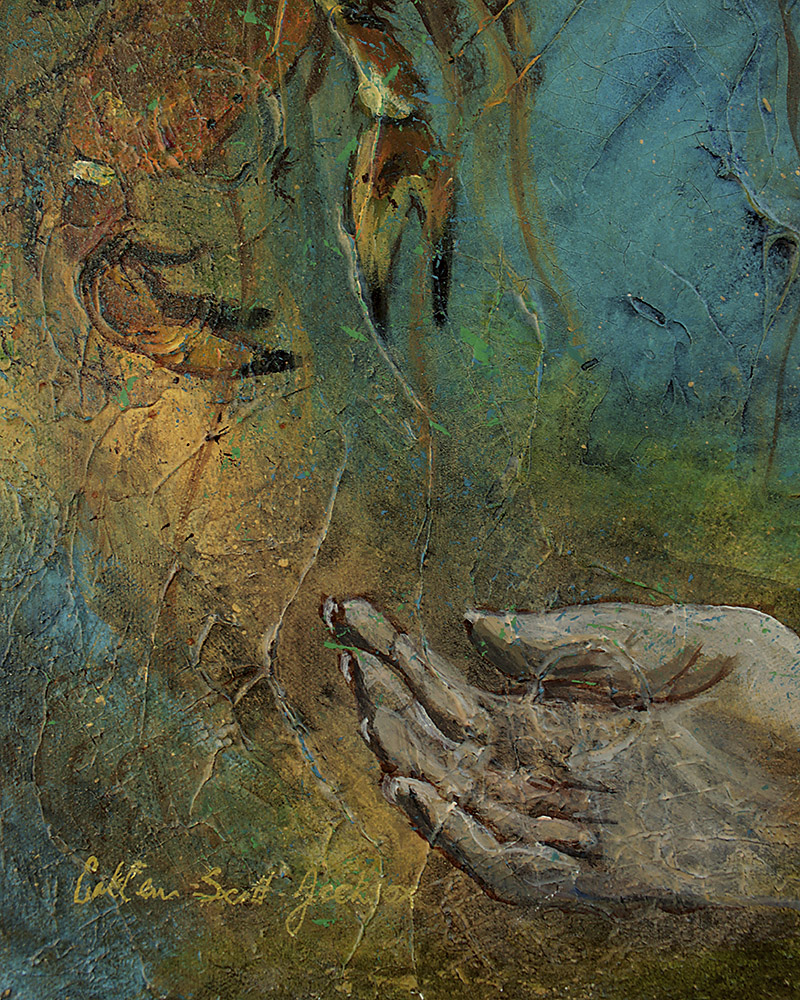 Detail of Primal Passages acrylic painting showing the signature of artist Colleen Scott-Jackson Detail of Primal Passages acrylic painting showing the signature of artist Colleen Scott-Jackson
