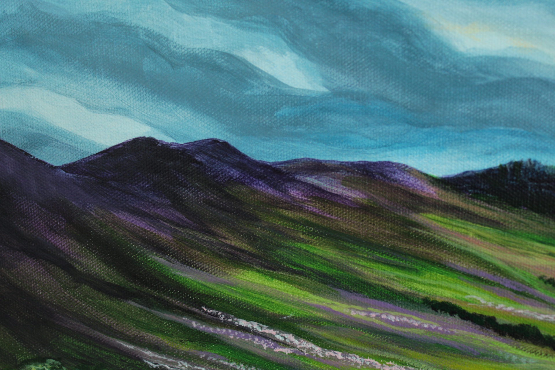 A detail of Scottish Heather Acrylic 12 inch x 24 inch painting showing a section of the paining. A detail of Scottish Heather Acrylic 12 inch x 24 inch painting showing a section of the paining.