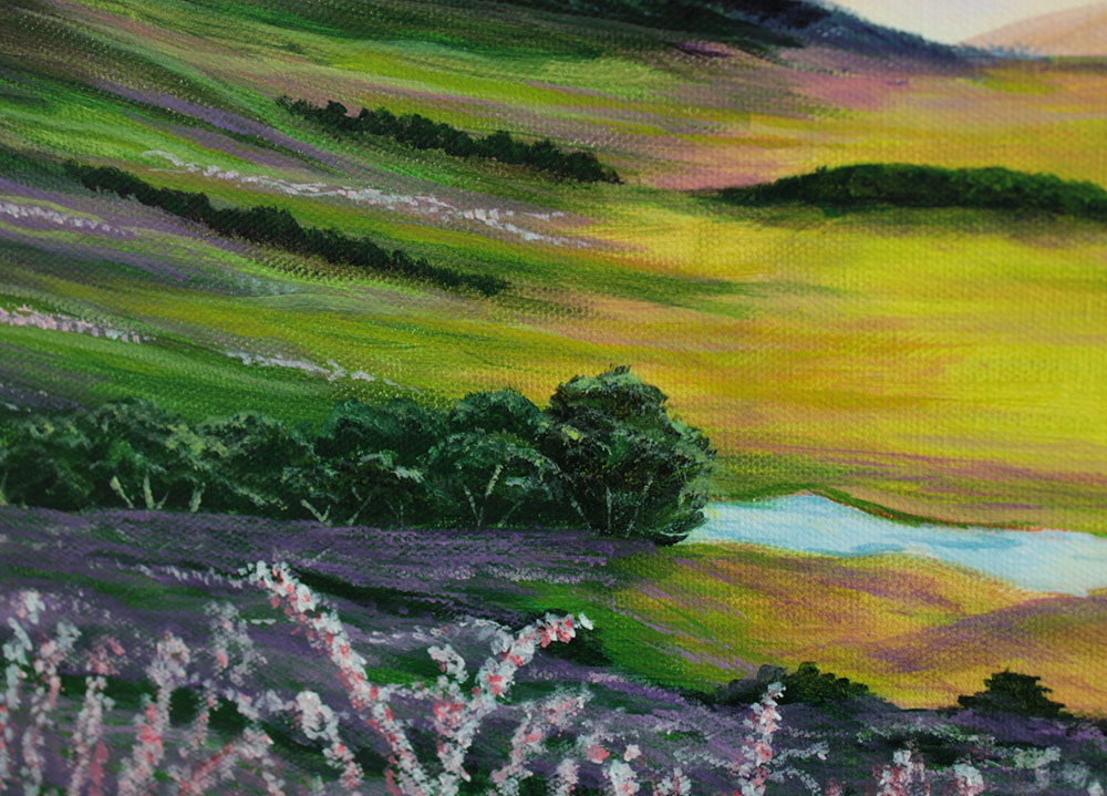 A detail of Scottish Heather Acrylic 12 inch x 24 inch painting showing a section of the paining. A detail of Scottish Heather Acrylic 12 inch x 24 inch painting showing a section of the paining.