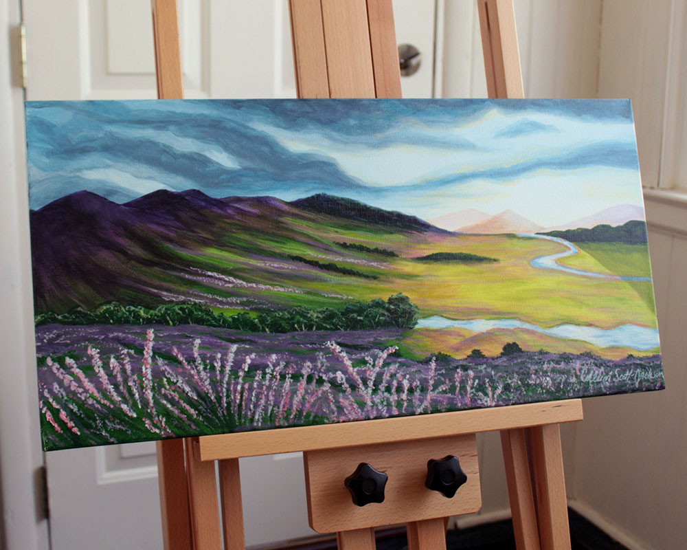 Scottish Heather Acrylic 12 inch x 24 inch painting shown on an easel Scottish Heather Acrylic 12 inch x 24 inch painting shown on an easel