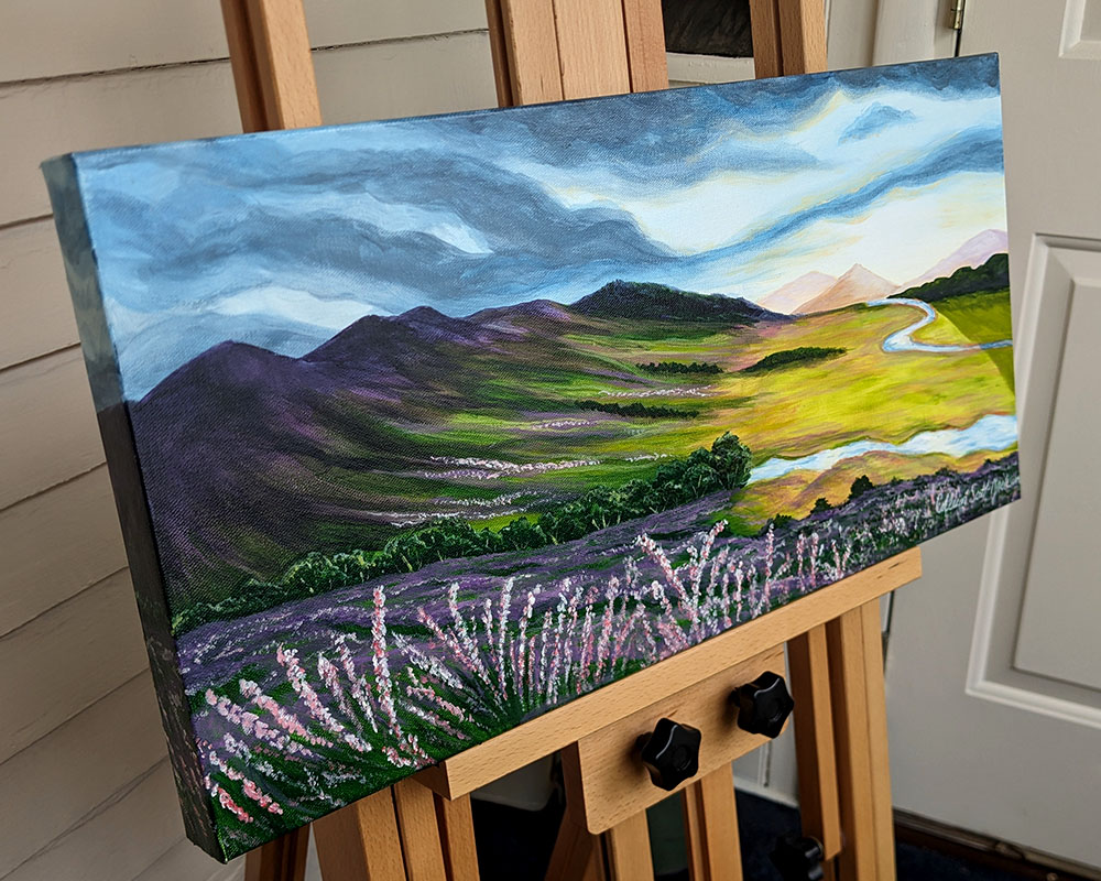 Scottish Heather Acrylic 12 inch x 24 inch painting shown on an easel and showing the depth of the canvas Scottish Heather Acrylic 12 inch x 24 inch painting shown on an easel and showing the depth of the canvas