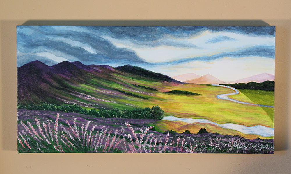 Scottish Heather Acrylic 12 inch x 24 inch painting shown on a tan wall Scottish Heather Acrylic 12 inch x 24 inch painting shown on a tan wall