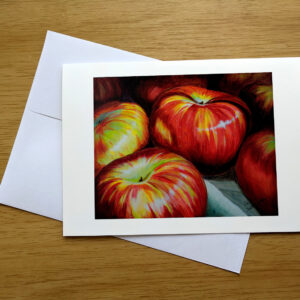 Tempting Red greeting card front shown. Original painting by Colleen Scott-Jakcson