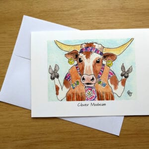 Clover Moobeam greeting card front. Art by Colleen Scott-Jackson