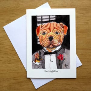 The Dogfather greeting card front. Artwork by Colleen Scott-Jackson