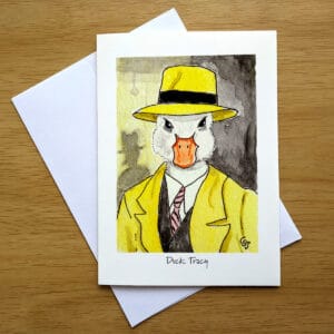 Duck Tracy greeting card front. Art by Colleen Scott-Jackson