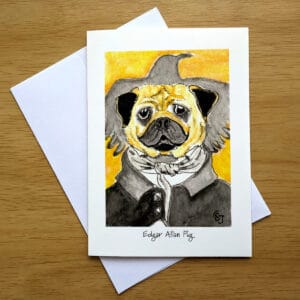 Edgar Allan Pug greeting card front. Art by Colleen Scott-Jackson