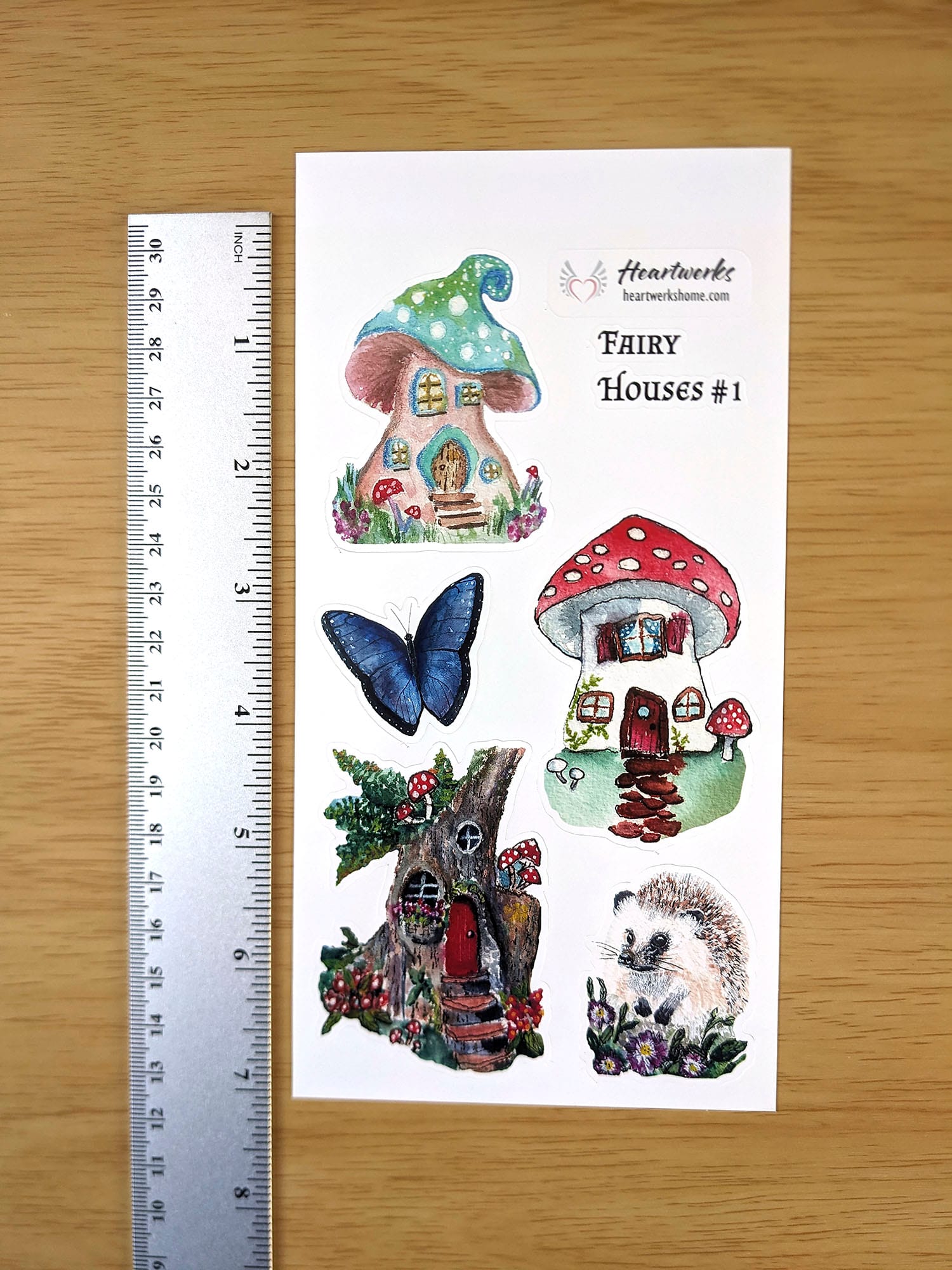 Fairy Houses #1 4 inch by 7 inch sticker sheet with ruler. Fairy Houses #1 4 inch by 7 inch sticker sheet with ruler.