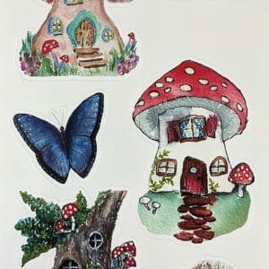 Fairy Houses #1 4 inch by 7 inch sticker sheet close up. Art by Kathleen Jackson.