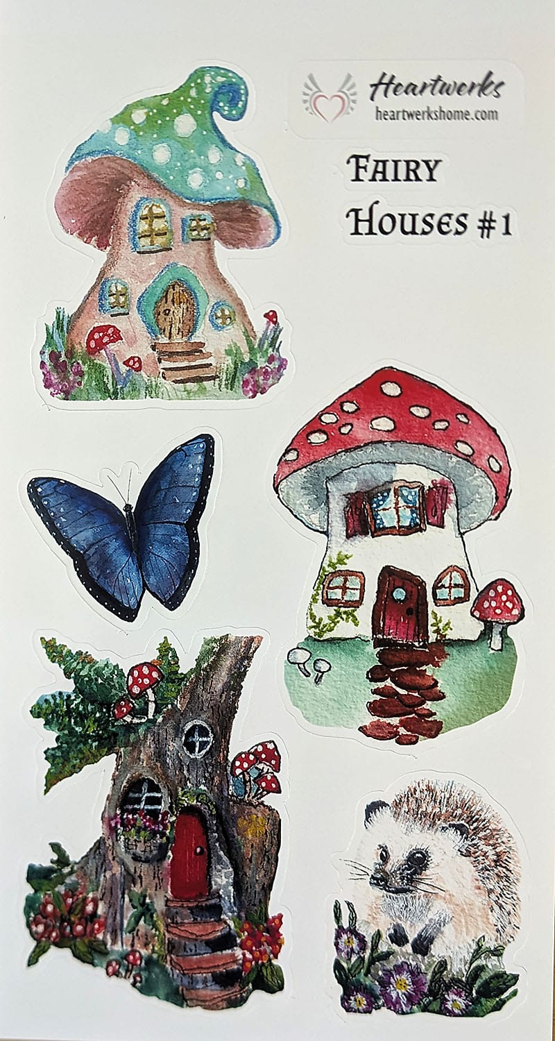 Fairy Houses #1 4 inch by 7 inch sticker sheet close up. Art by Kathleen Jackson. Fairy Houses #1 4 inch by 7 inch sticker sheet close up. Art by Kathleen Jackson.