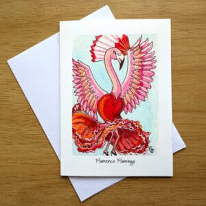 Flamenco Flamingo greeting card front. Art by Colleen Scott-Jackson