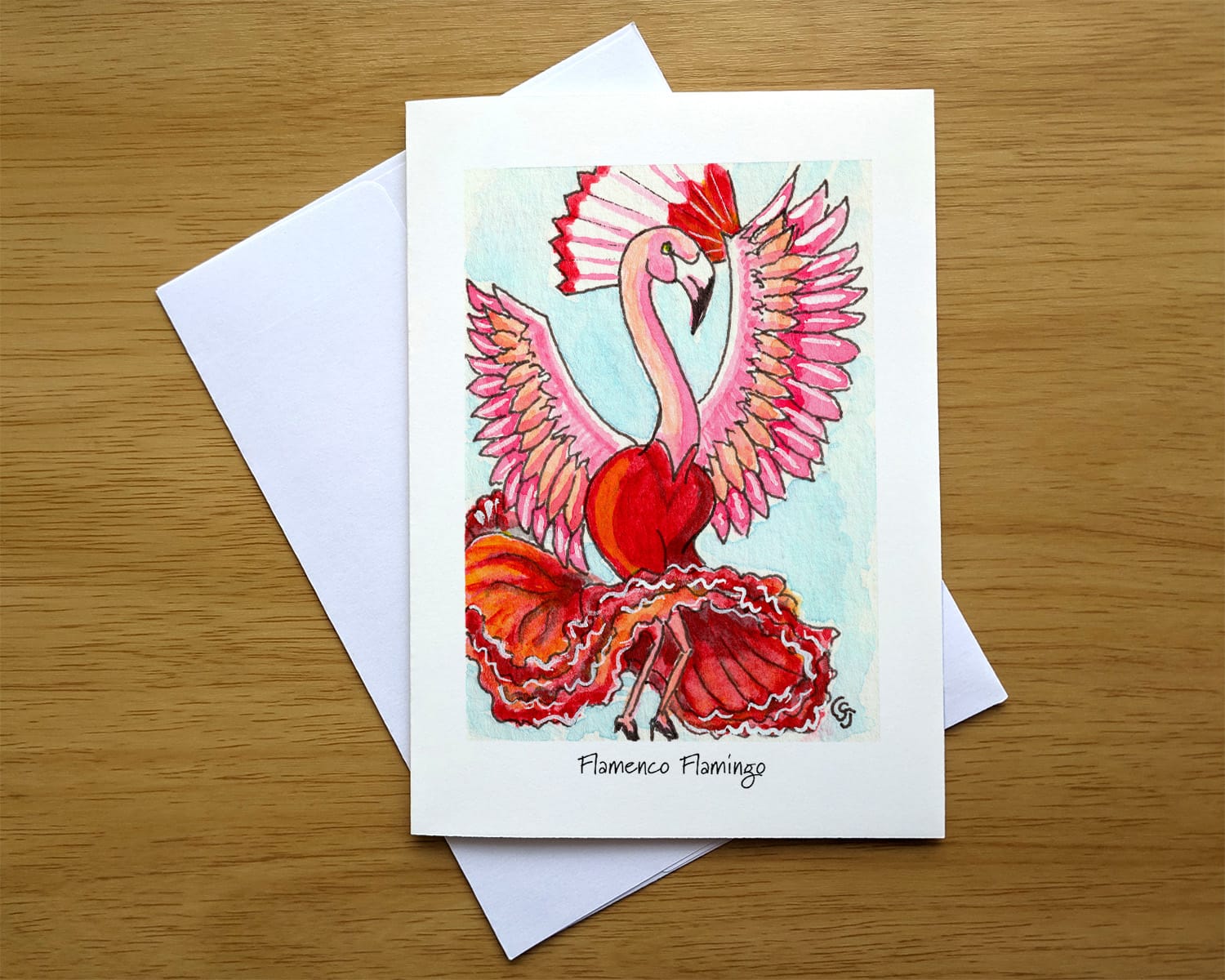 Flamenco Flamingo greeting card front. Art by Colleen Scott-Jackson Flamenco Flamingo greeting card front. Art by Colleen Scott-Jackson
