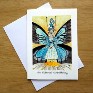 Miss Flutterbell Schmetterling greeting card front. Art by Colleen Scott-Jackson