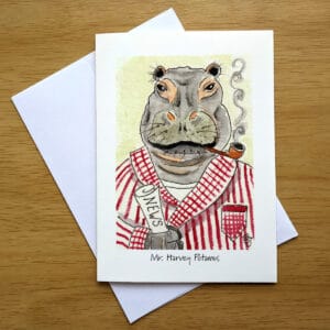 Mr. Harvey Potamus greeting card front. Art by Colleen Scott-Jackson