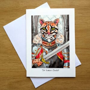 Sir Lance Ocelot greeting card front. Art by Colleen Scott-Jackson