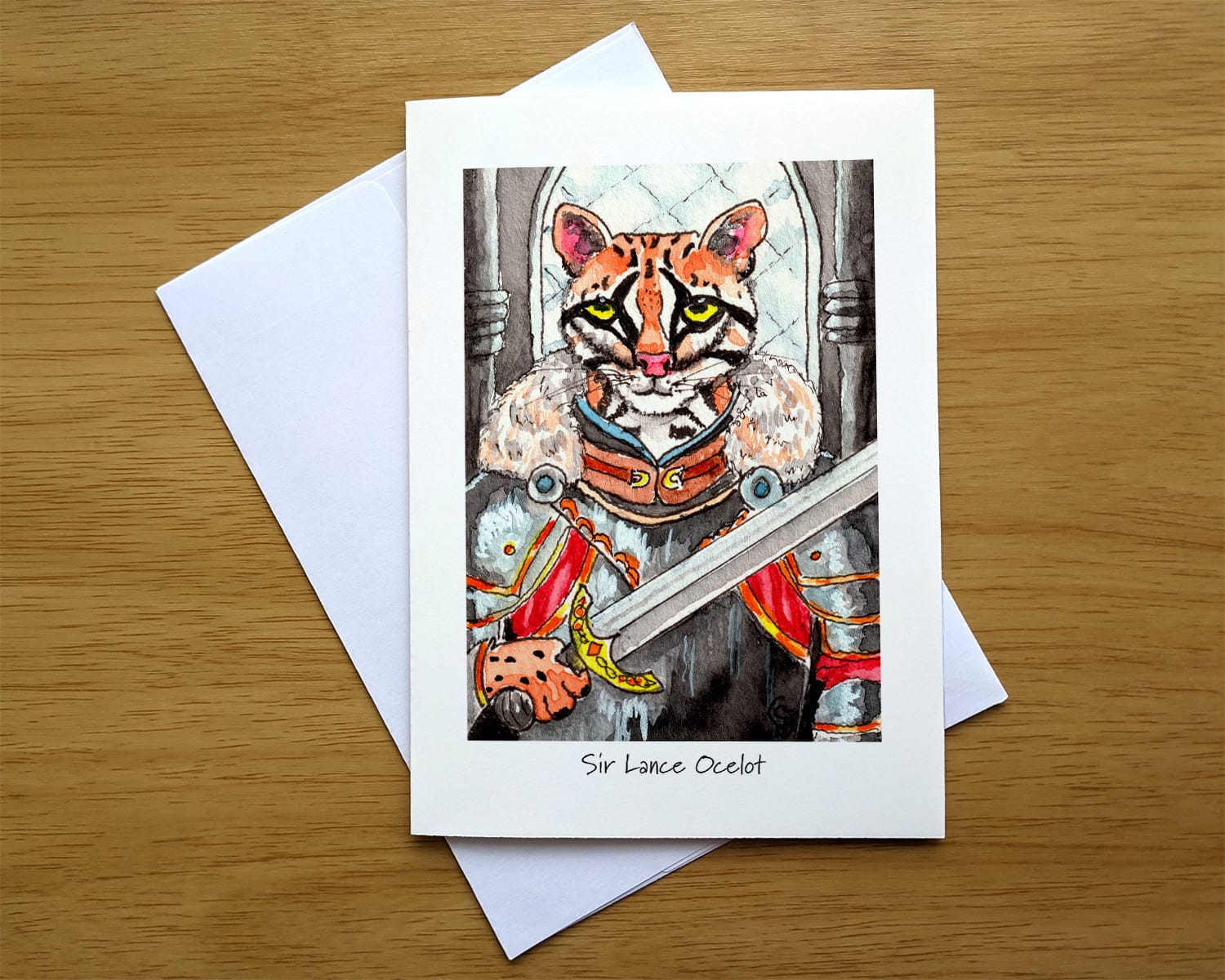Sir Lance Ocelot greeting card front. Art by Colleen Scott-Jackson Sir Lance Ocelot greeting card front. Art by Colleen Scott-Jackson