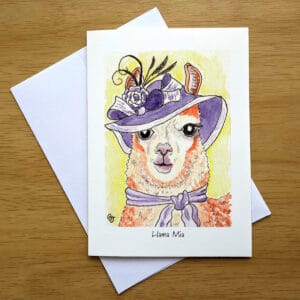 Llama Mia greeting card front. Art by Colleen Scott-Jackson