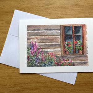 Log Cabin Window greeting card front. Art painted by Kathleen Jackson