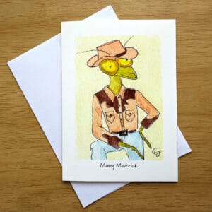 Manny Maverick greeting card front. Art by Colleen Scott-Jackson
