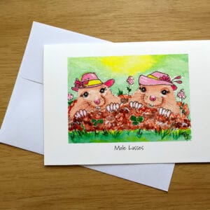 Mole Lasses greeting card front. Art by Colleen Scott-Jackson
