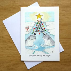 Narwhals Bright Holiday greeting card front by Colleen Scott-Jackson