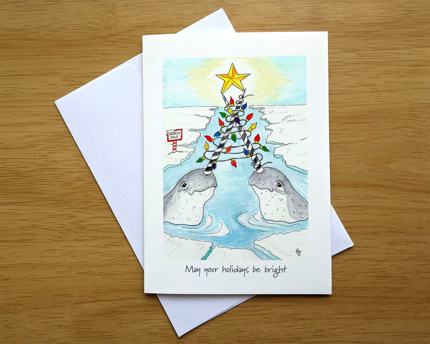 Narwhals Bright Holiday greeting card front by Colleen Scott-Jackson Narwhals Bright Holiday greeting card front by Colleen Scott-Jackson
