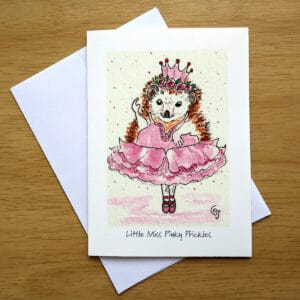 Little Miss Pinky Prickles greeting card front. Art by Colleen Scott-Jackson