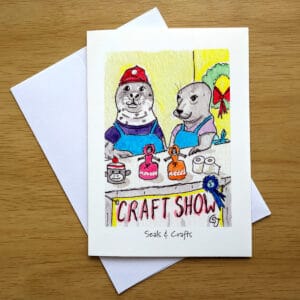 Seals & Crafts greeting card front. Art by Colleen Scott-Jackson
