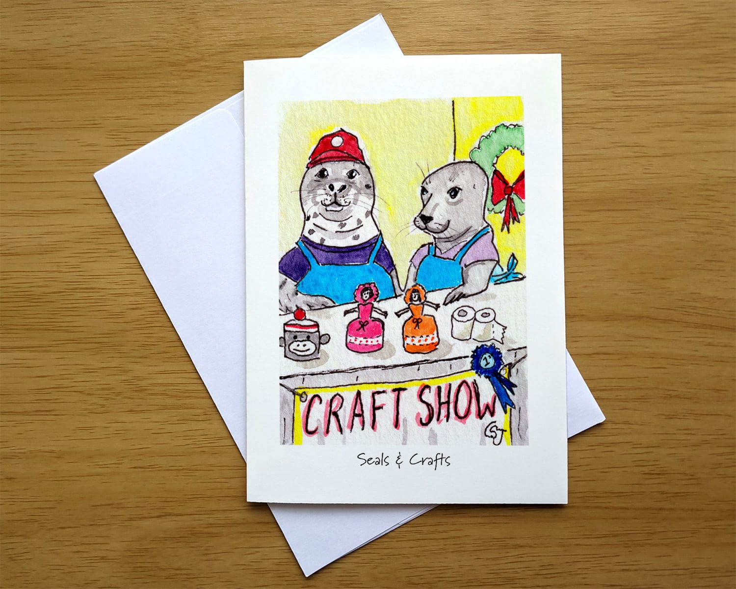 Seals & Crafts greeting card front. Art by Colleen Scott-Jackson Seals & Crafts greeting card front. Art by Colleen Scott-Jackson
