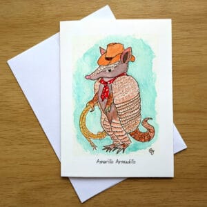 Amarillo Armadillo greeting card front. Art by Colleen Scott-Jackson.