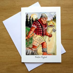 Bonfire Bigfoot greeting card front. Art by Colleen Scott-Jackson.