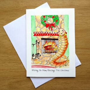 Centipede Stocking Christmas greeting card front. Art by Colleen Scott-Jackson.