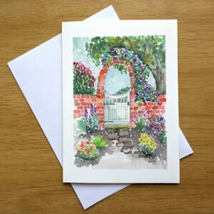 Garden Gate greeting card front. Art by Kathleen Jackson.