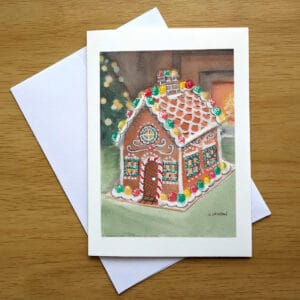 Gingerbread House greeting card front. Art by Kathleen Jackson.