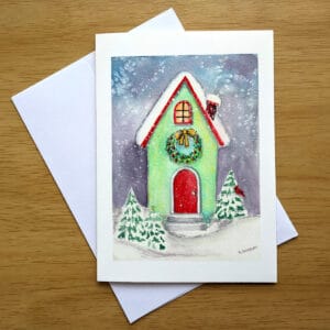 Home For Christmas greeting card front. Art by Kathleen Jackson.
